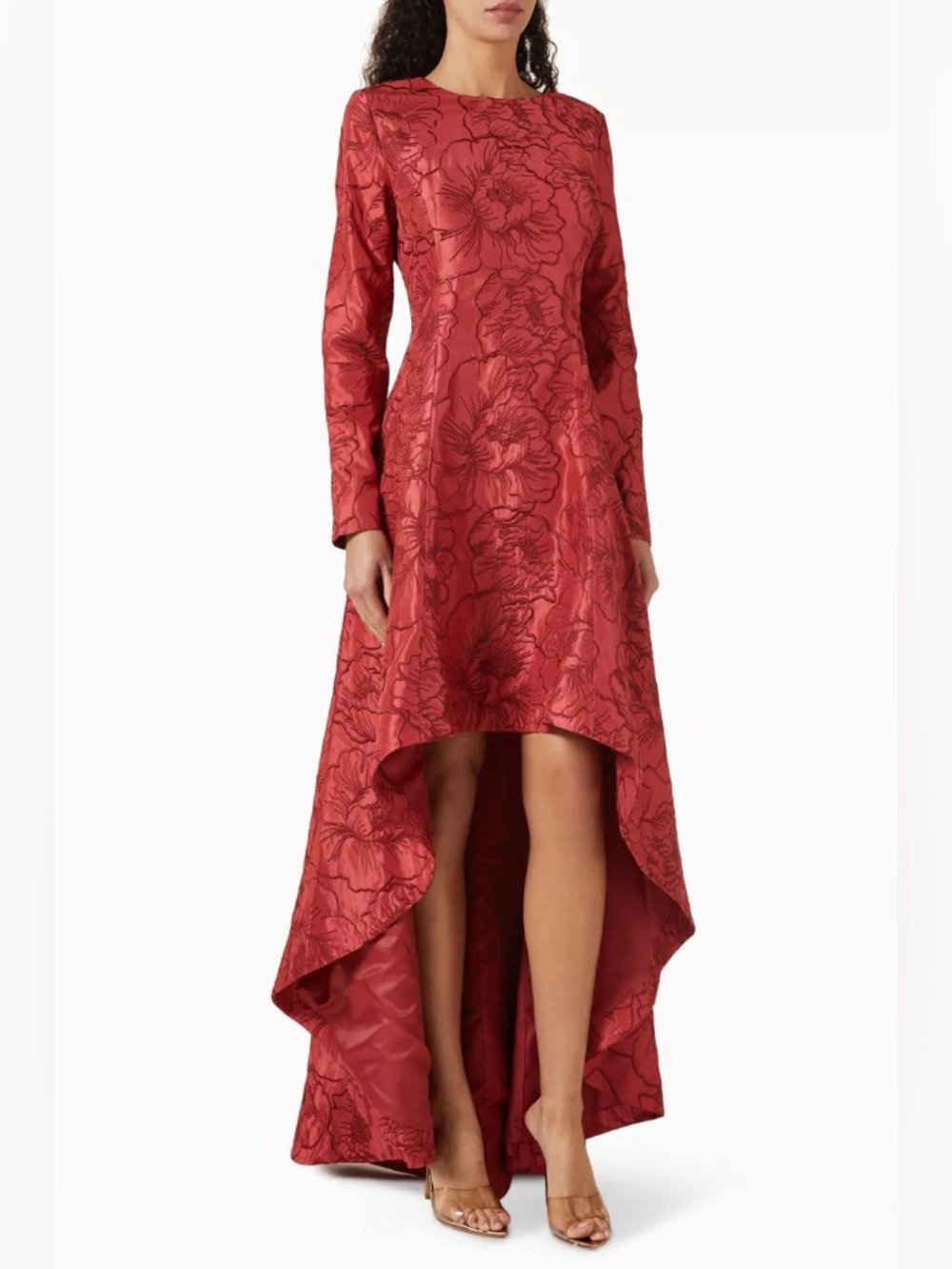 Leo Lin Evangeline Red Long Sleeve Open-back High & Low Embroidery Maxi Dress